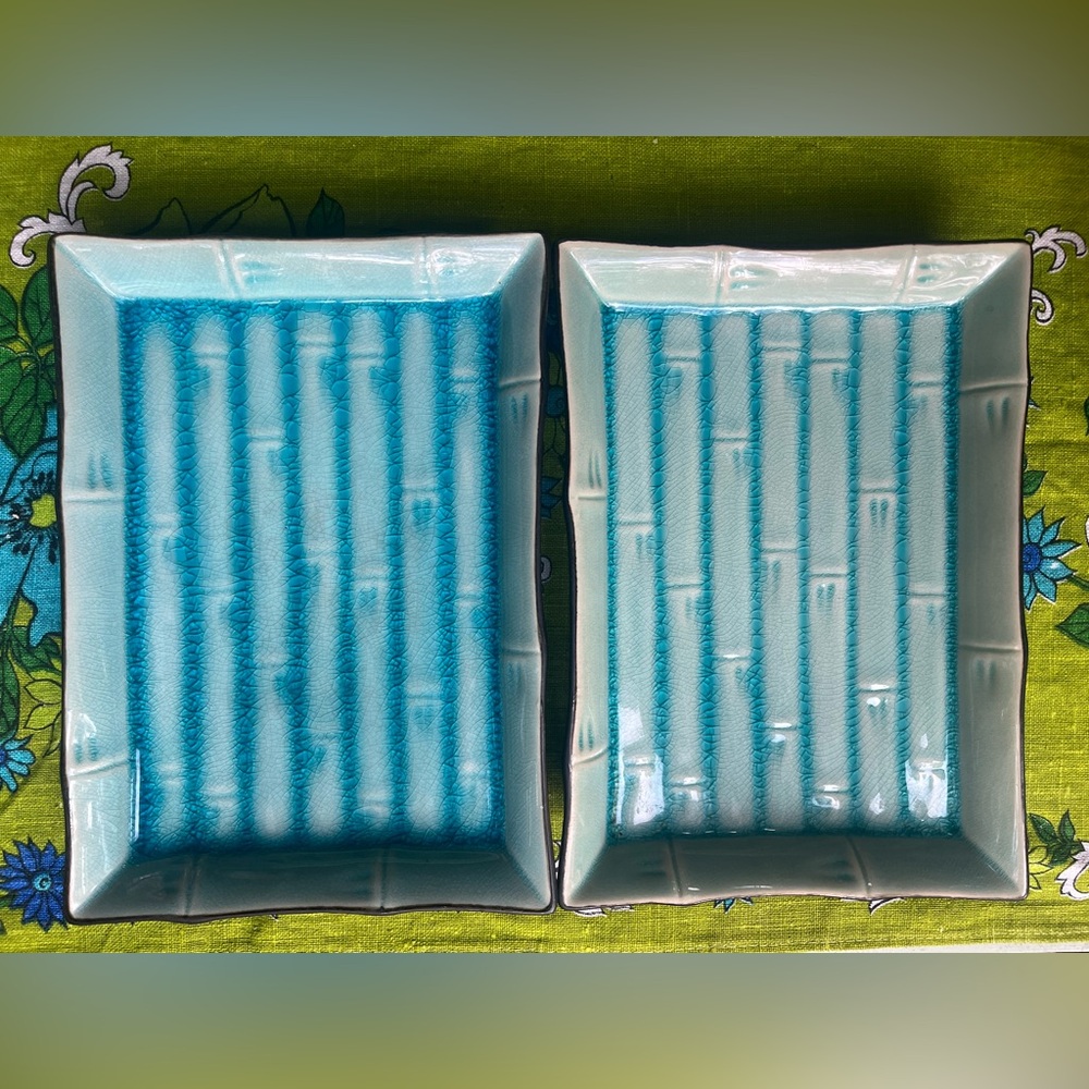 Blue Bamboo Patterned Sushi Plates Set of 2 | Crackle Glaze 9” x 6”